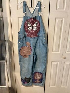 Women's Upcycled Land & Sky Themed Denim Patched Overalls - Size Women's XL